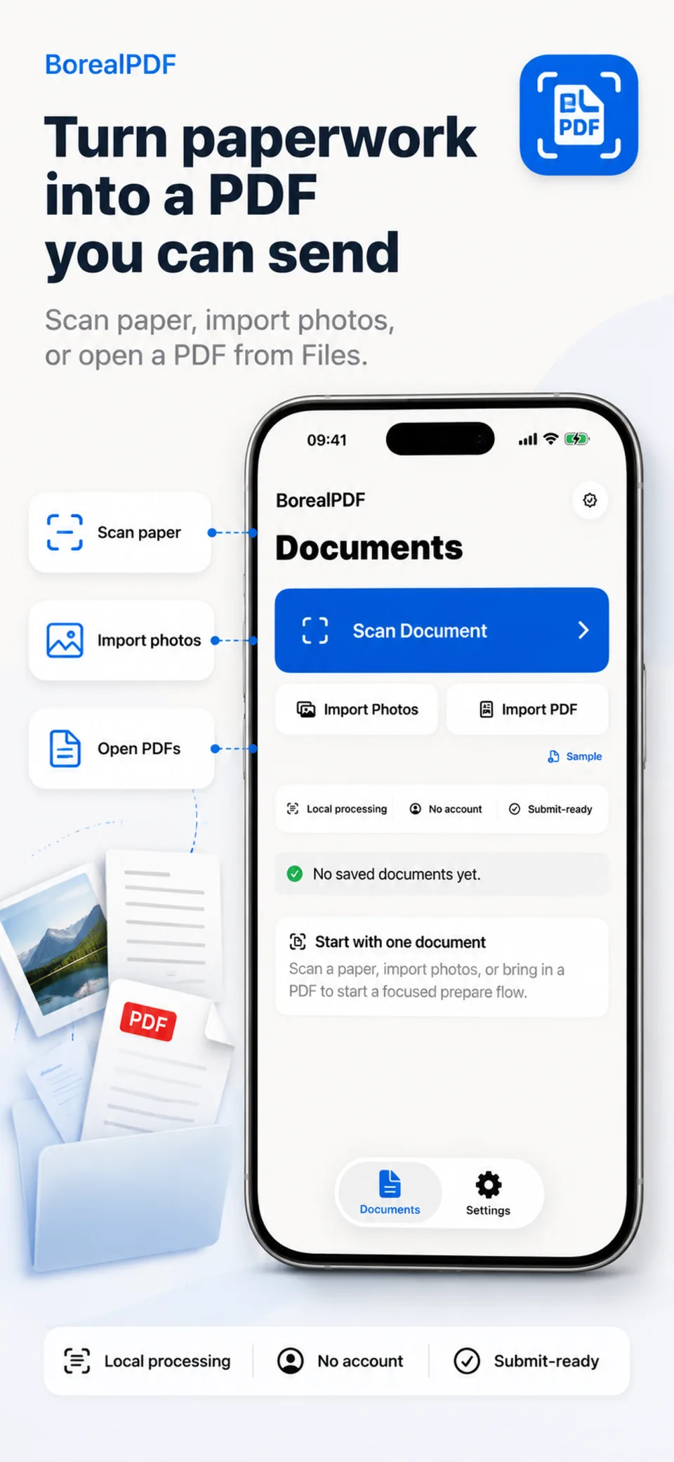 Boreal PDF Documents screen showing how to scan paper, import photos, or open a PDF