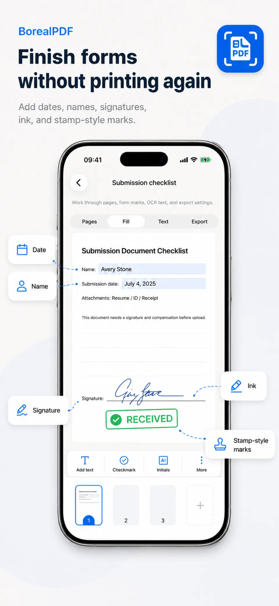 Boreal PDF Fill workflow showing a form with date, name, signature, and stamp-style marks